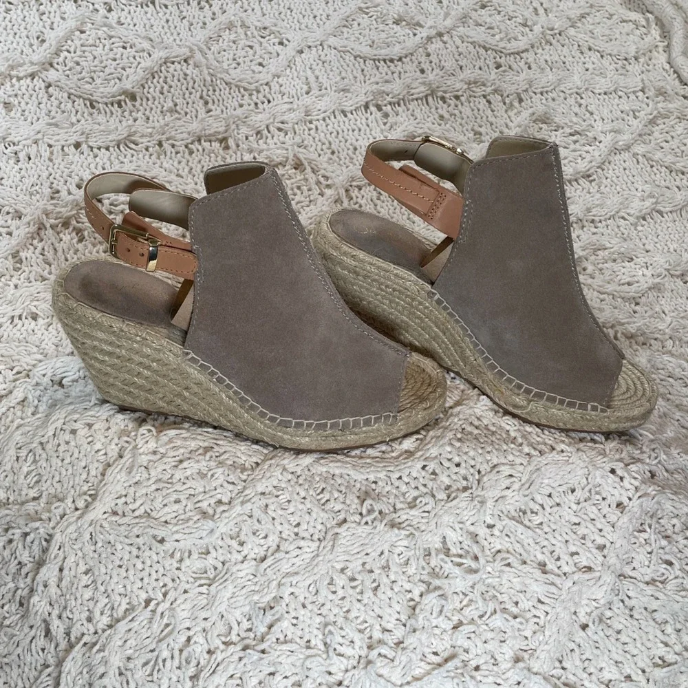Seychelles Taupe Suede Espadrille Wedge Sandals Peep Toe Slingback Womens Size 7